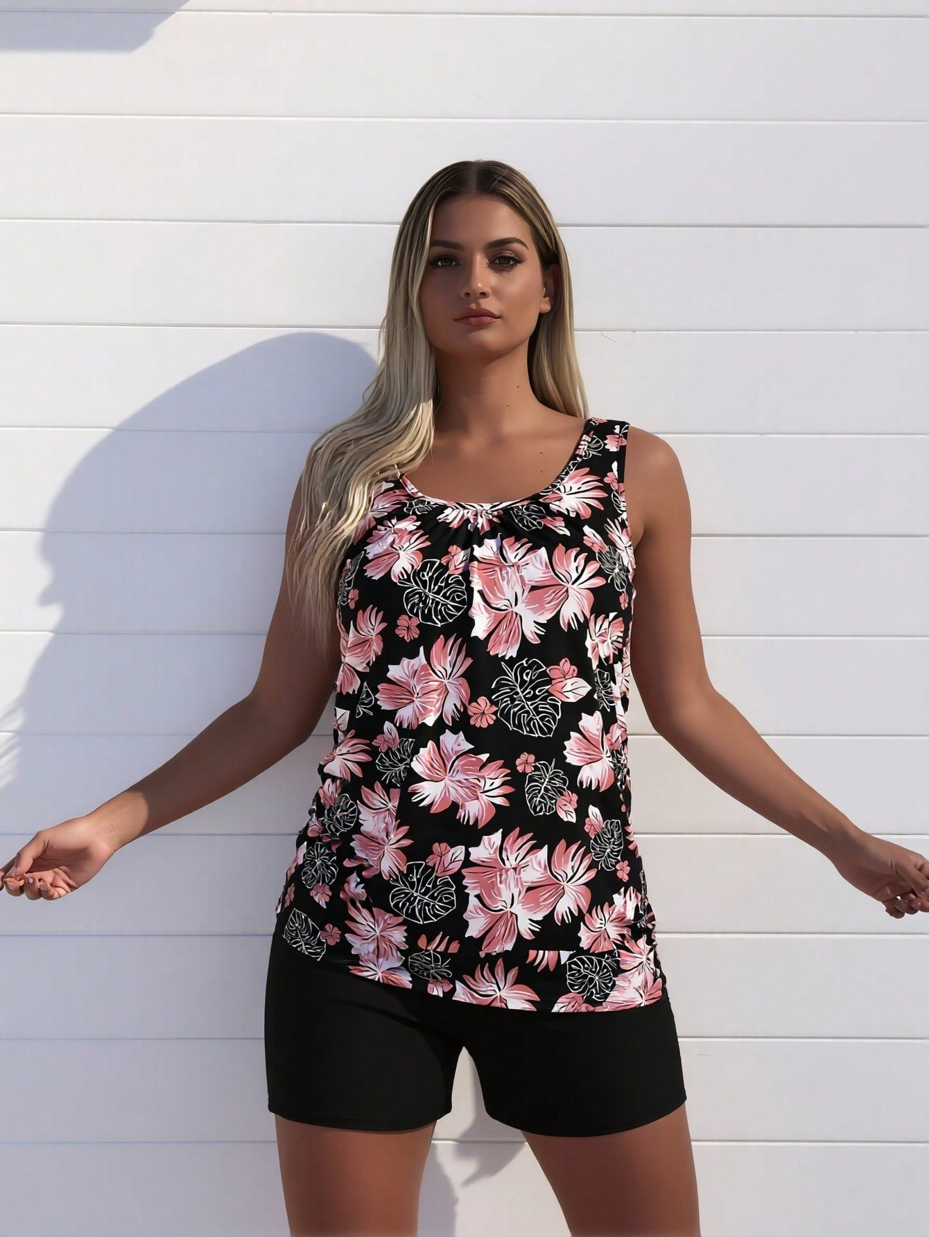 Black Tropical Floral Loose Tankini and Boyshort Swimwear Set