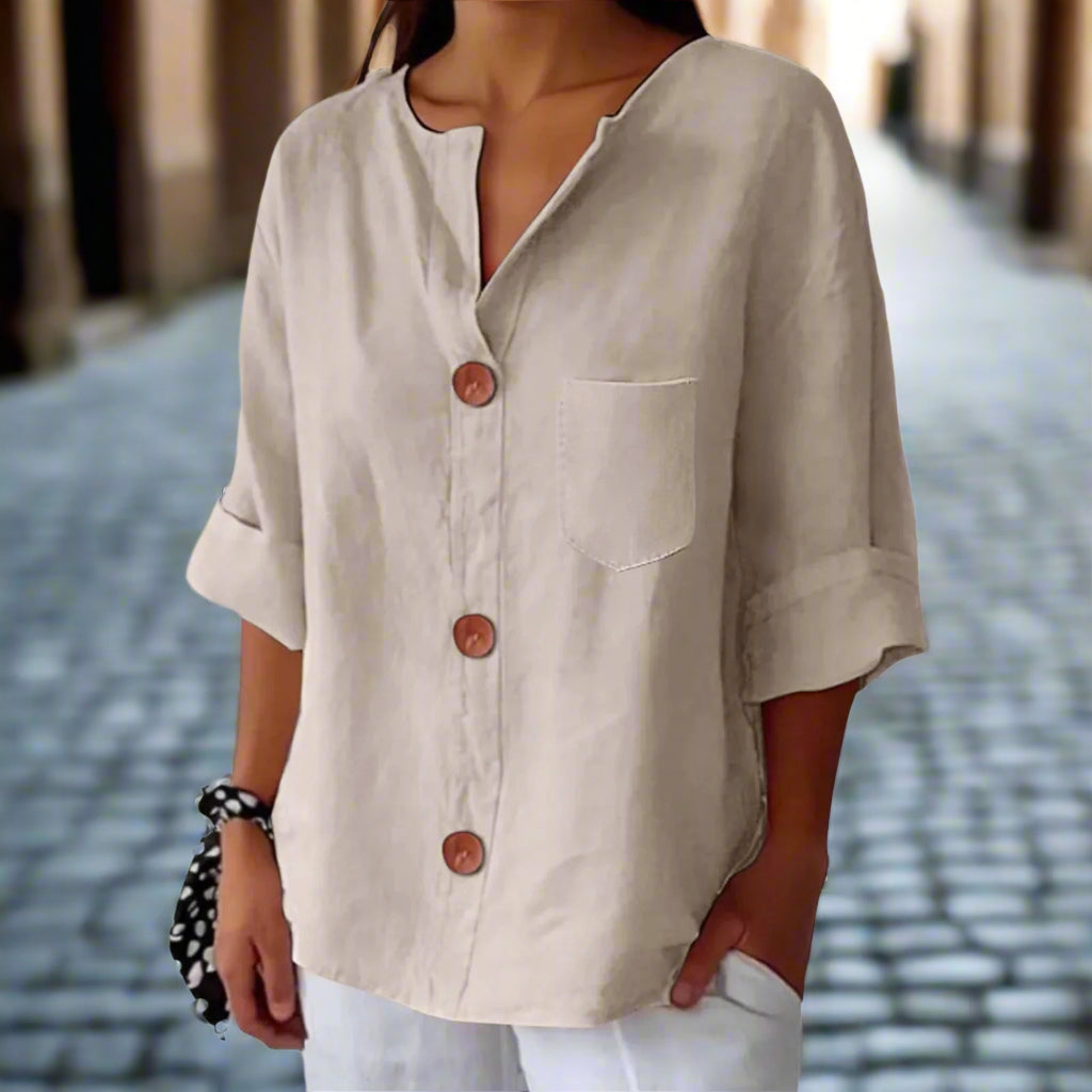 Women’s Loose V Neck Button Up Top in Cotton Linen Blend - Image 2