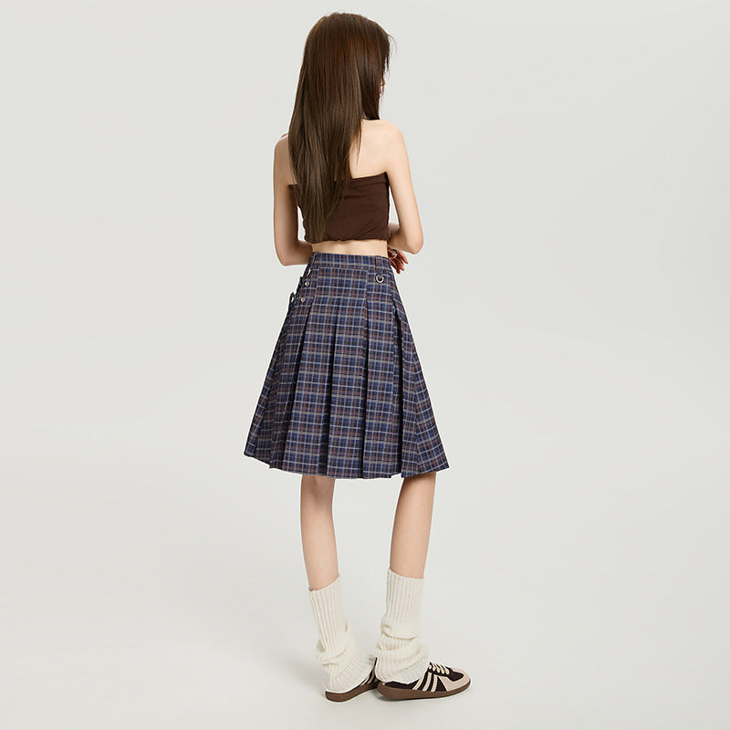 Women's Blue Plaid A-Line Pleated Midi Skirt, College Style - Image 5