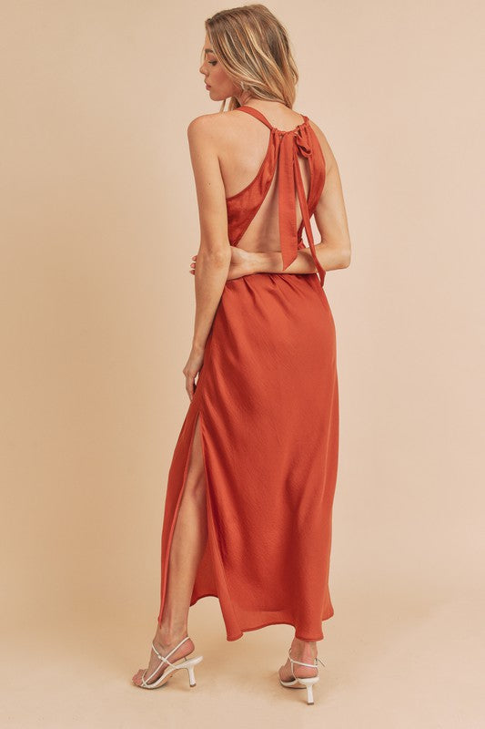 Satin Ruched Side Slit Maxi Cami Dress in Rust