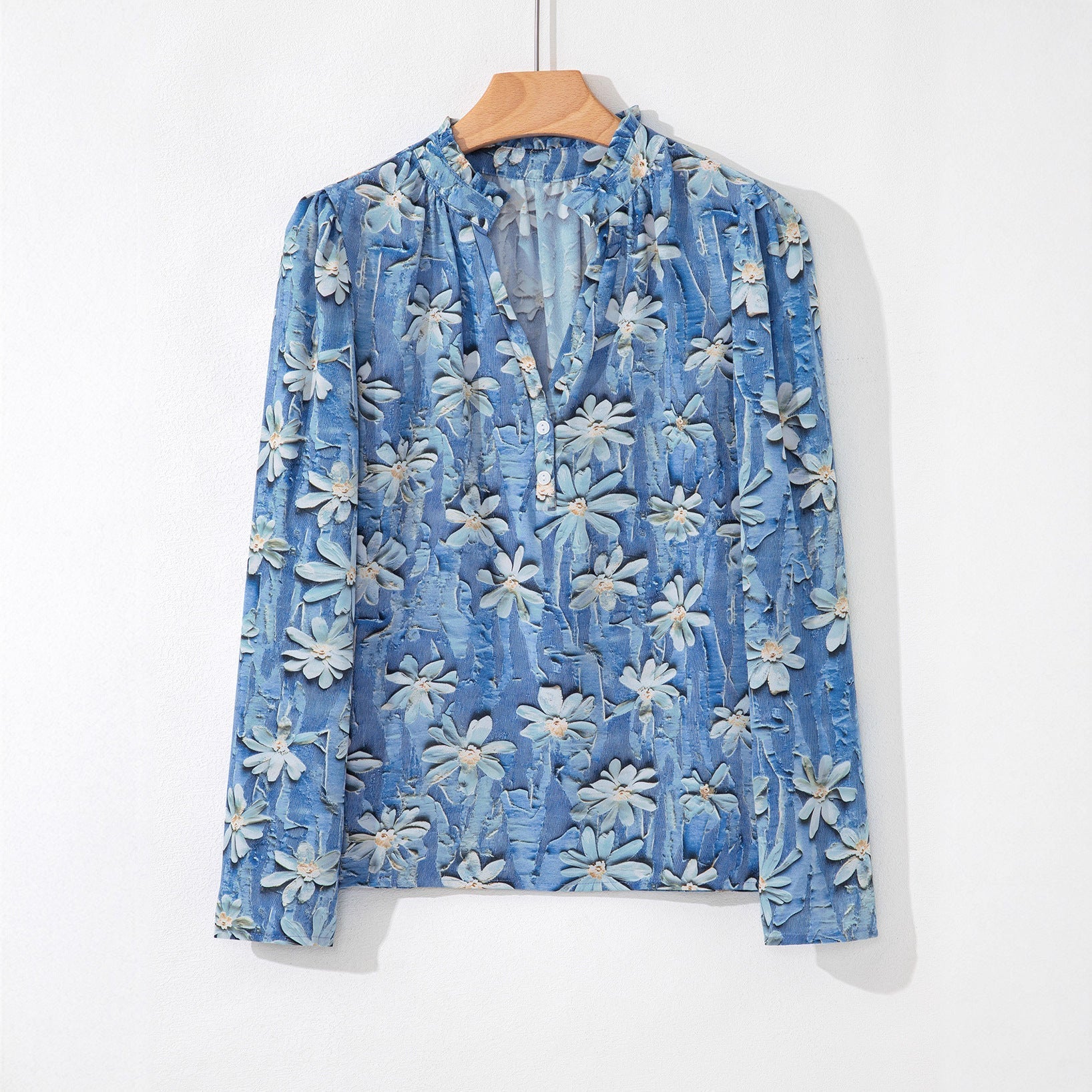 Women's Blue Floral Print Long-Sleeve Button-Up Blouse - Image 6