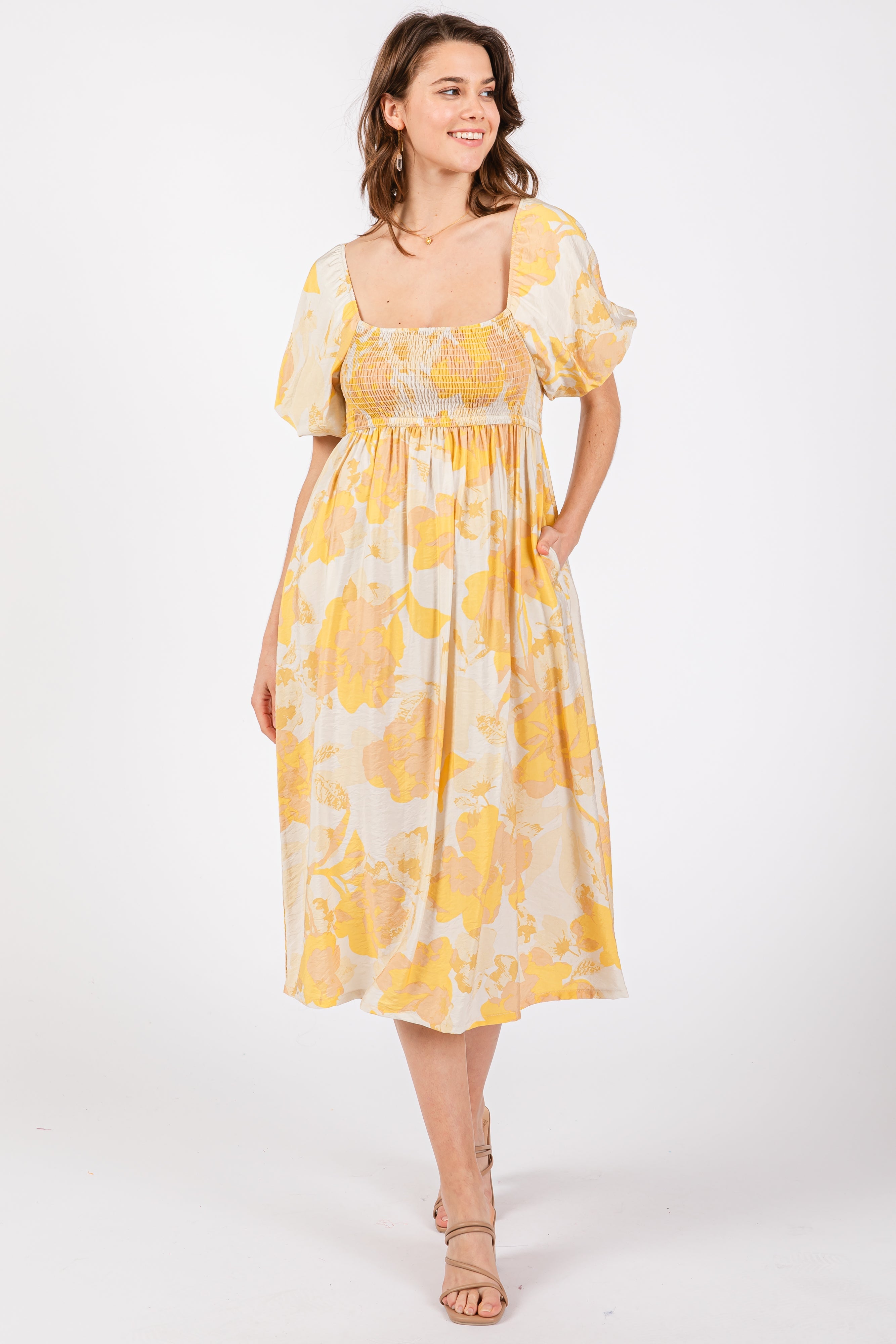 Yellow Floral Smocked Square Neck Puff Sleeve Midi Dress - Image 2