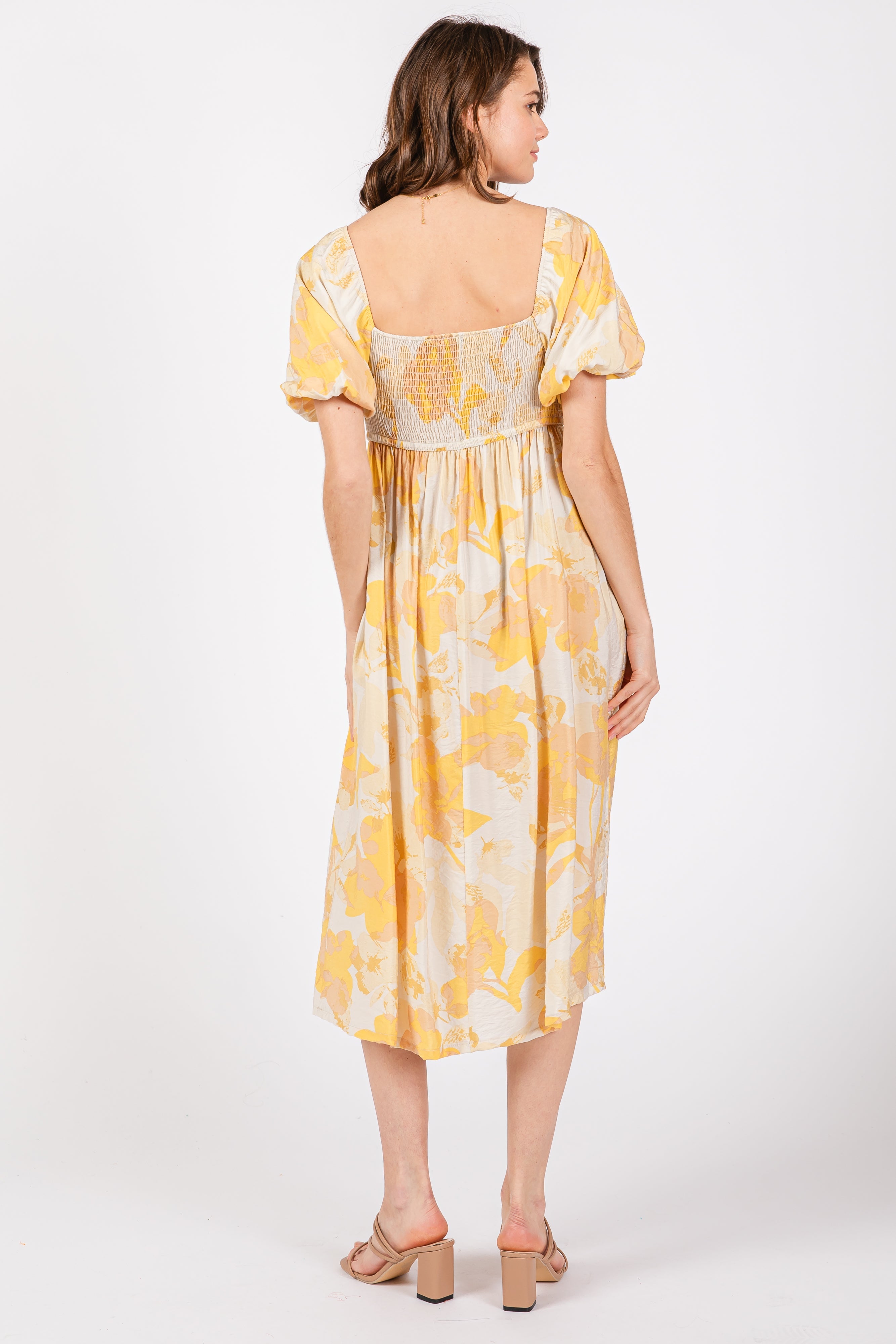 Yellow Floral Smocked Square Neck Puff Sleeve Midi Dress - Image 3