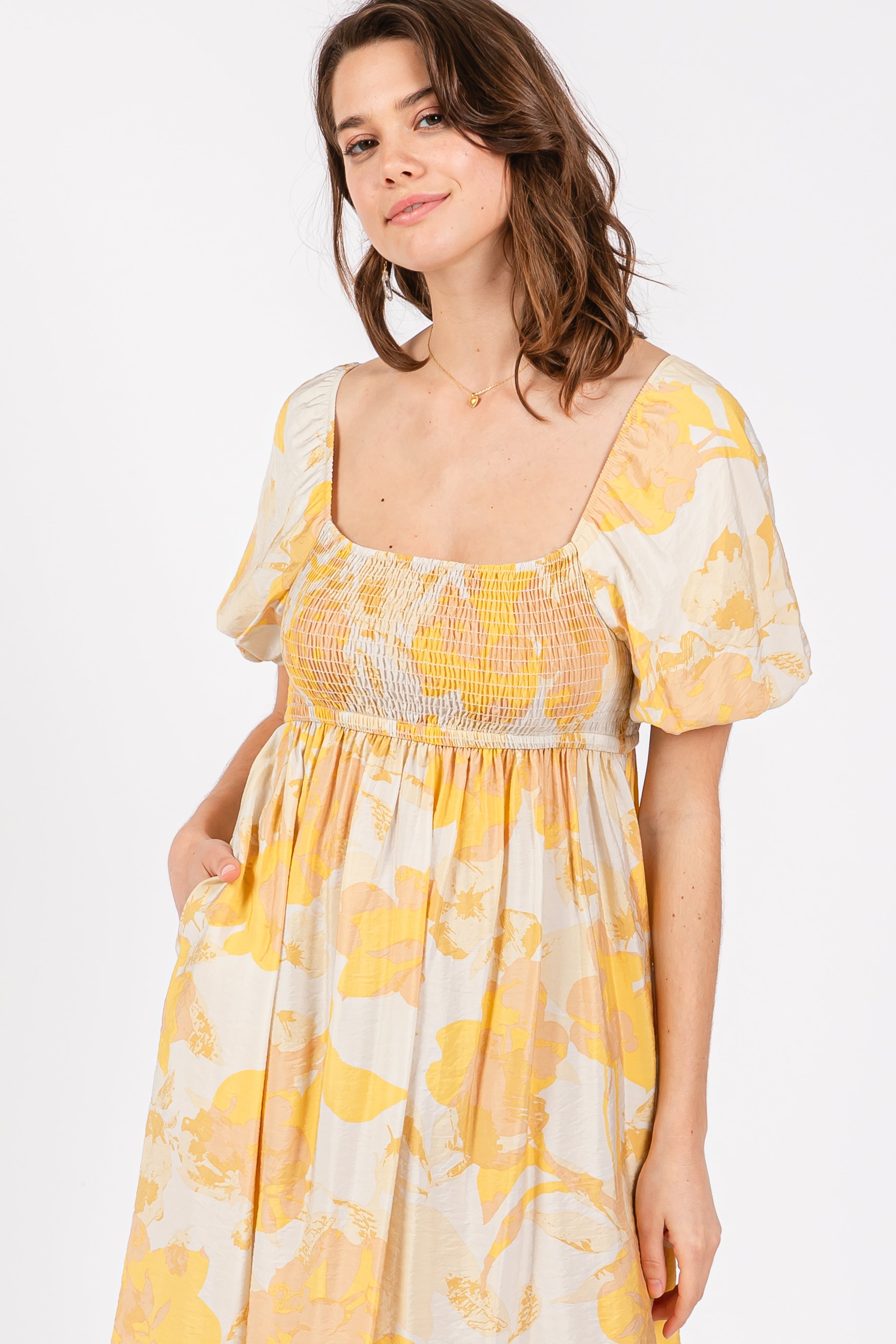 Yellow Floral Smocked Square Neck Puff Sleeve Midi Dress - Image 4