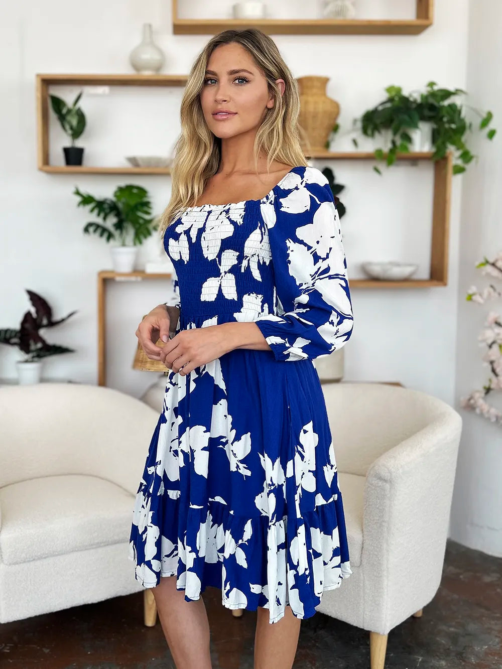 Floral Ruffle Hem Smocked Midi Dress with Pockets