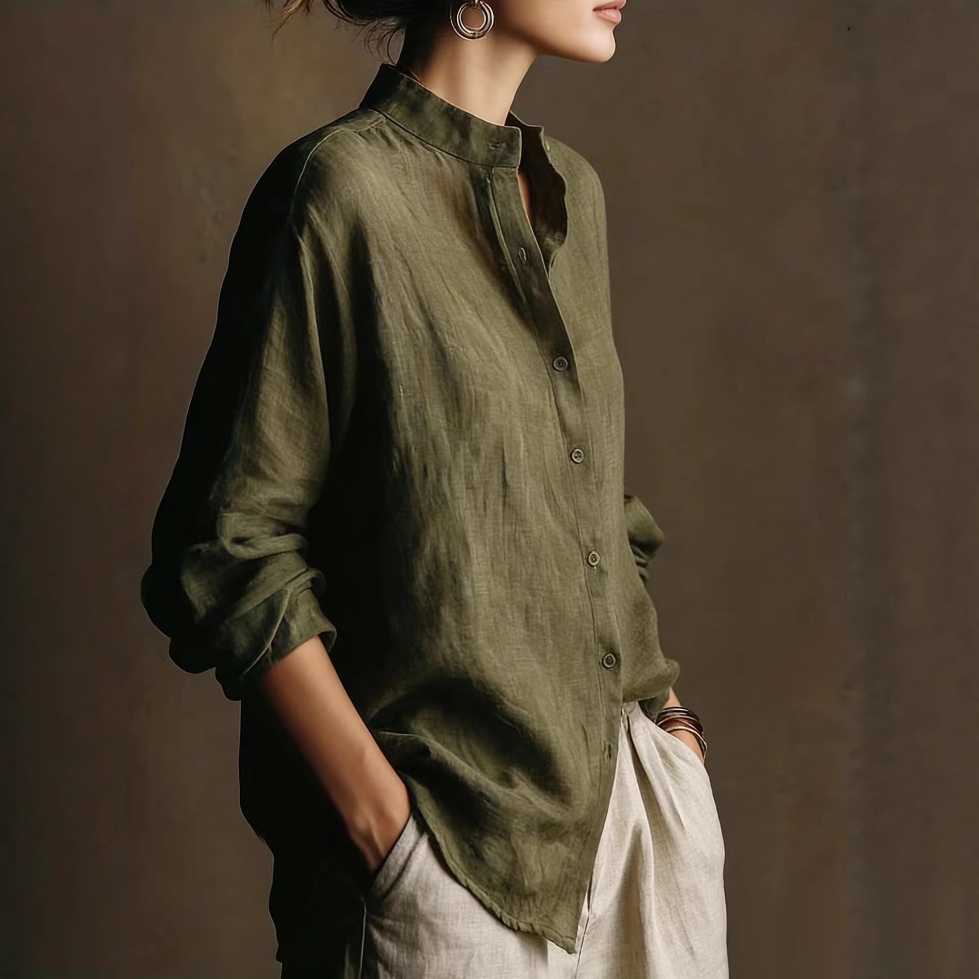 Women's Loose Cotton Linen Long Sleeve Shirt in Olive Green