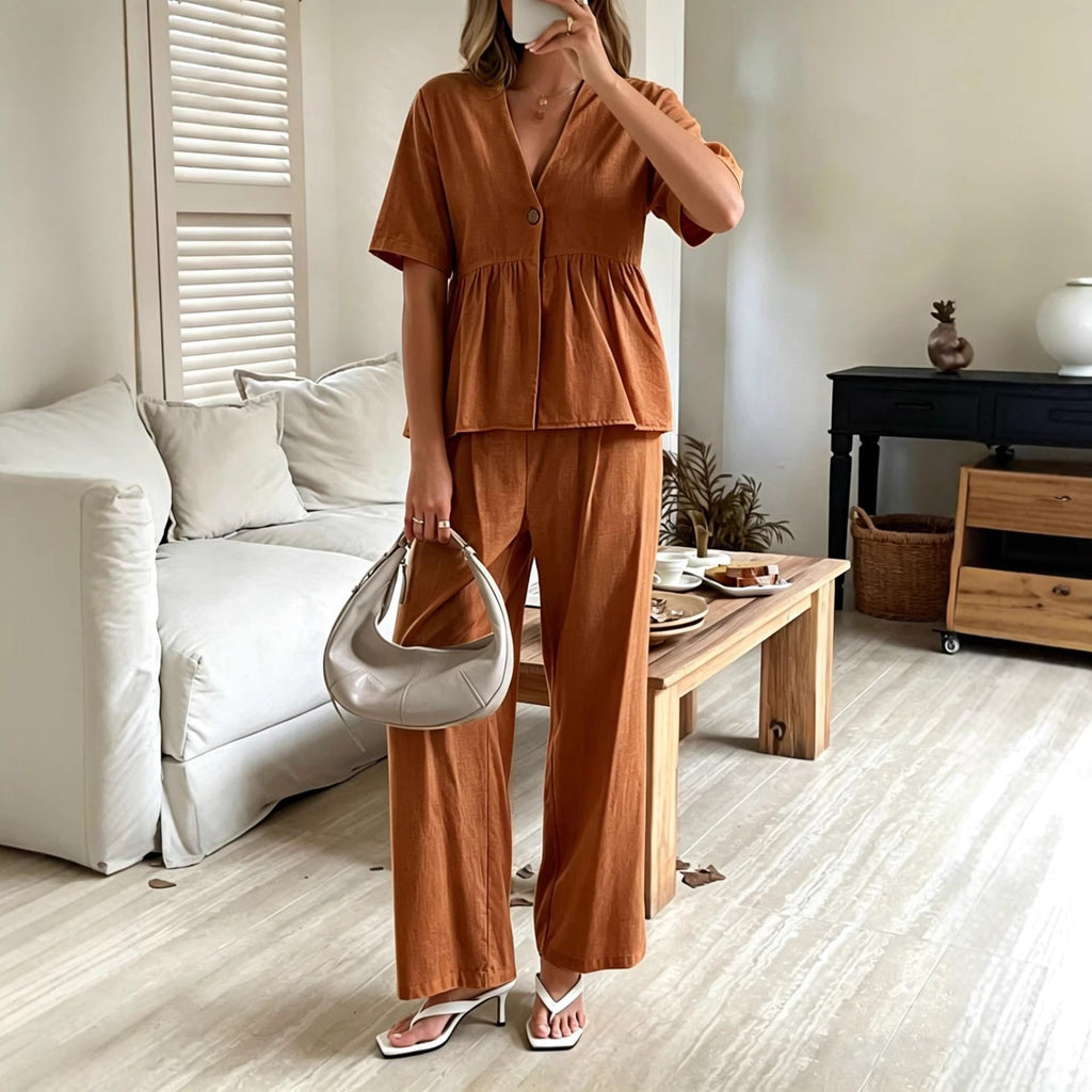 Women's V-Neck Peplum Top and Wide-Leg Pants Two Piece Set - Image 4