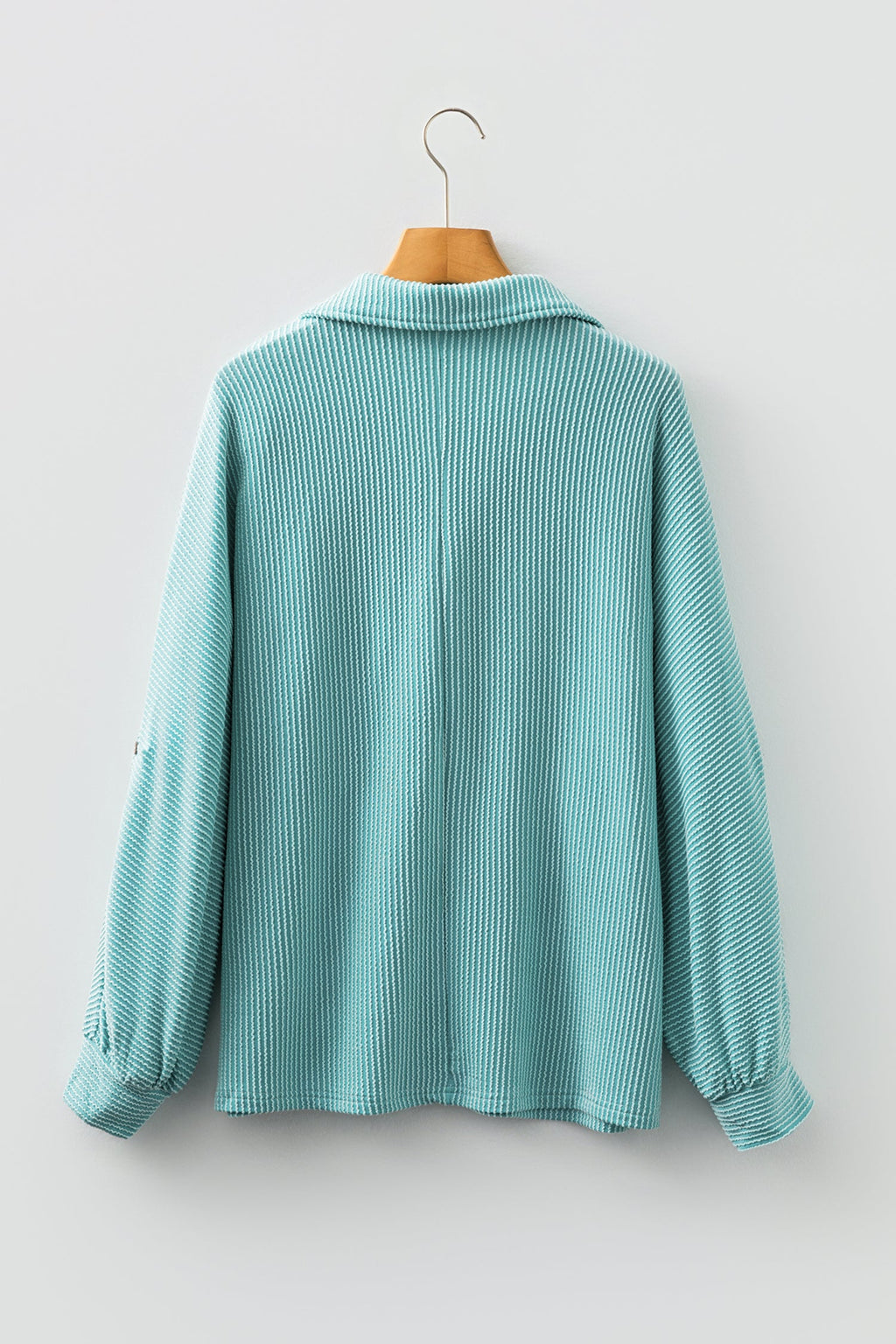 Corded Knit Roll-Up Sleeve Collared Henley Top