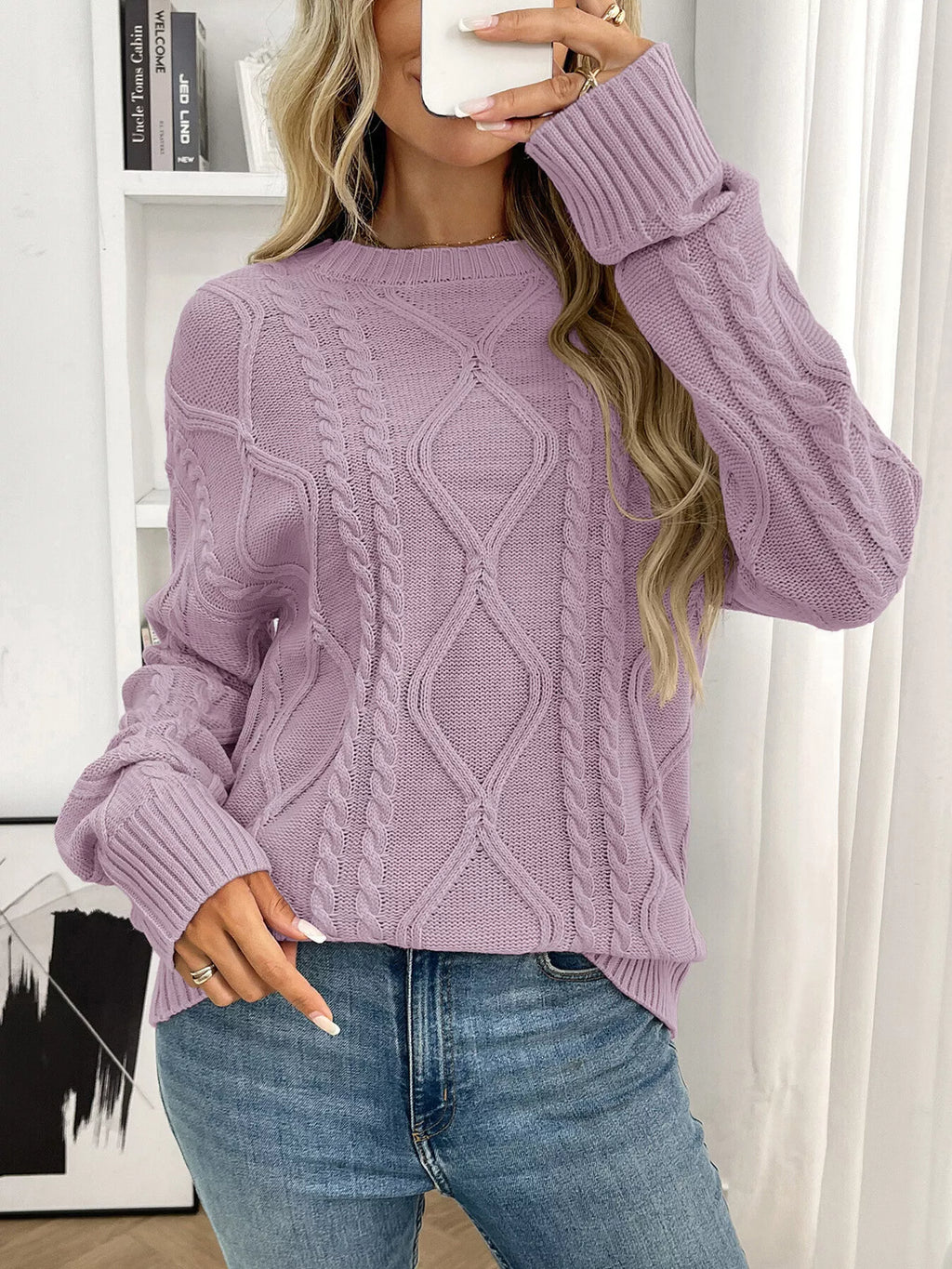 Lavender Cable Knit Round Neck Long Sleeve Sweater - Image 4