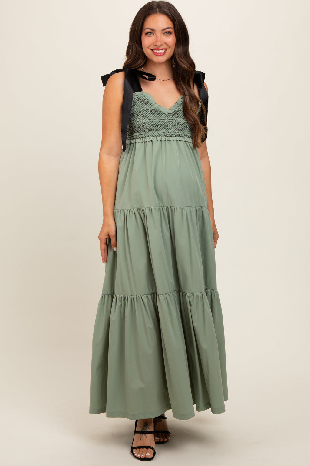 Olive Sweetheart Neck Smocked Embroidered Ribbon Shoulder Tie Maternity Midi Dress