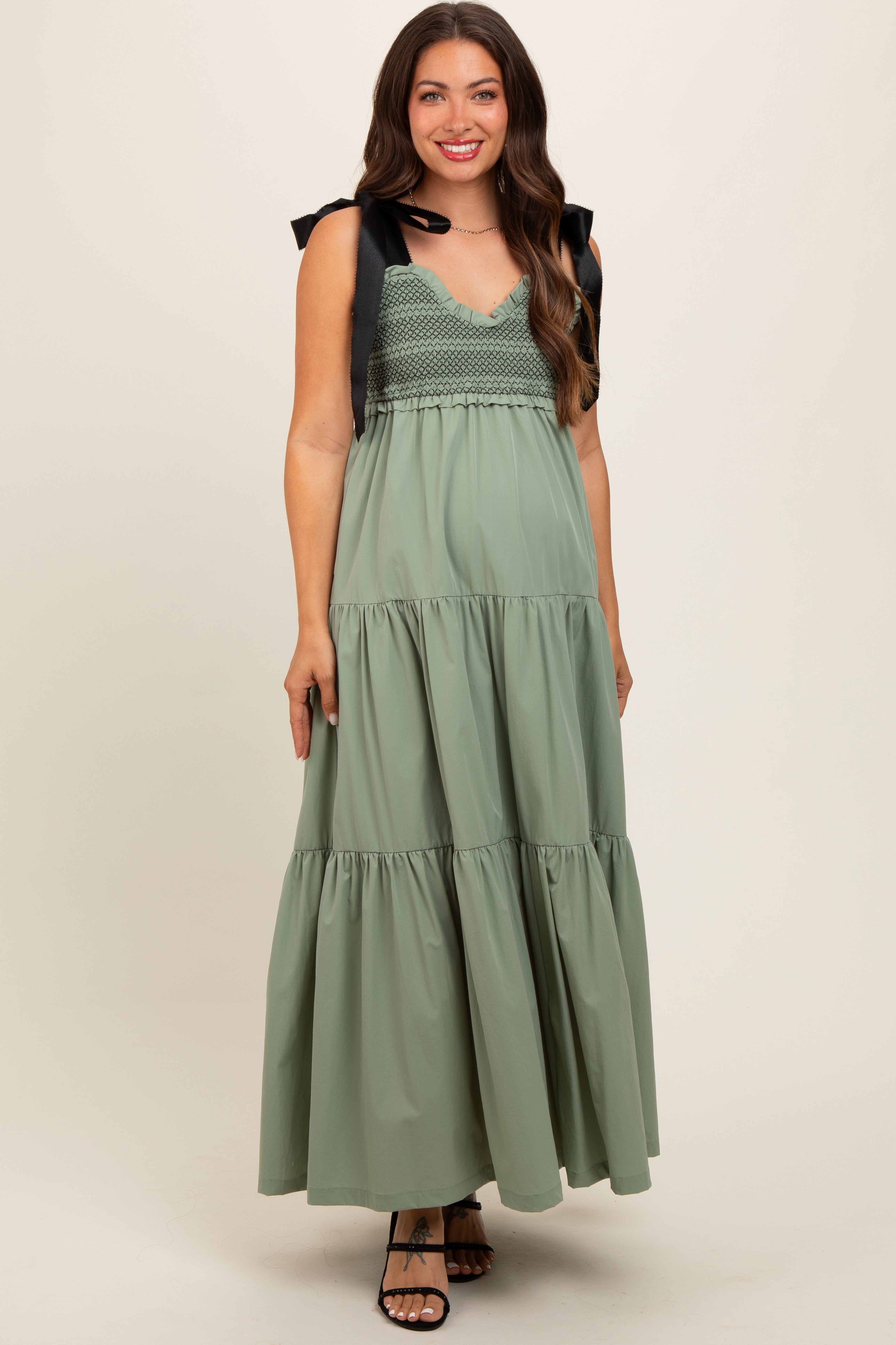Olive Sweetheart Neck Smocked Embroidered Ribbon Shoulder Tie Maternity Midi Dress