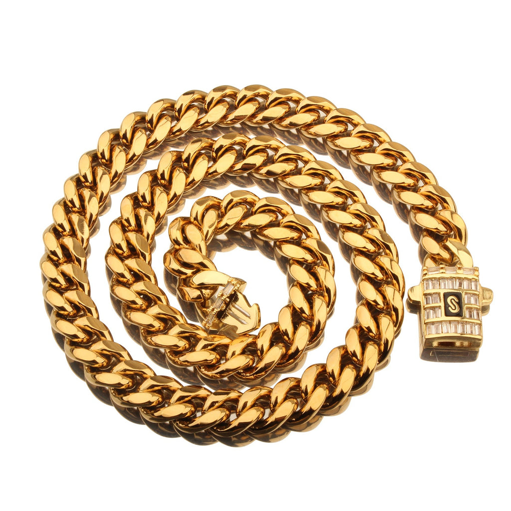 Mens Stainless Steel Necklace With An Encrypted Zircon Diamond Clasp