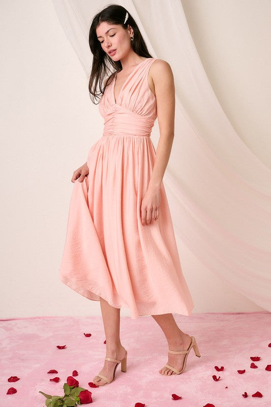 Ruched V-Neck Sleeveless Midi Dress for Women