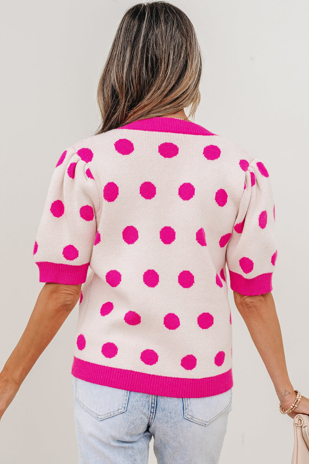 Alexia Puff Short Sleeve Sweater - Polka Dot V-Neck Knit Top
