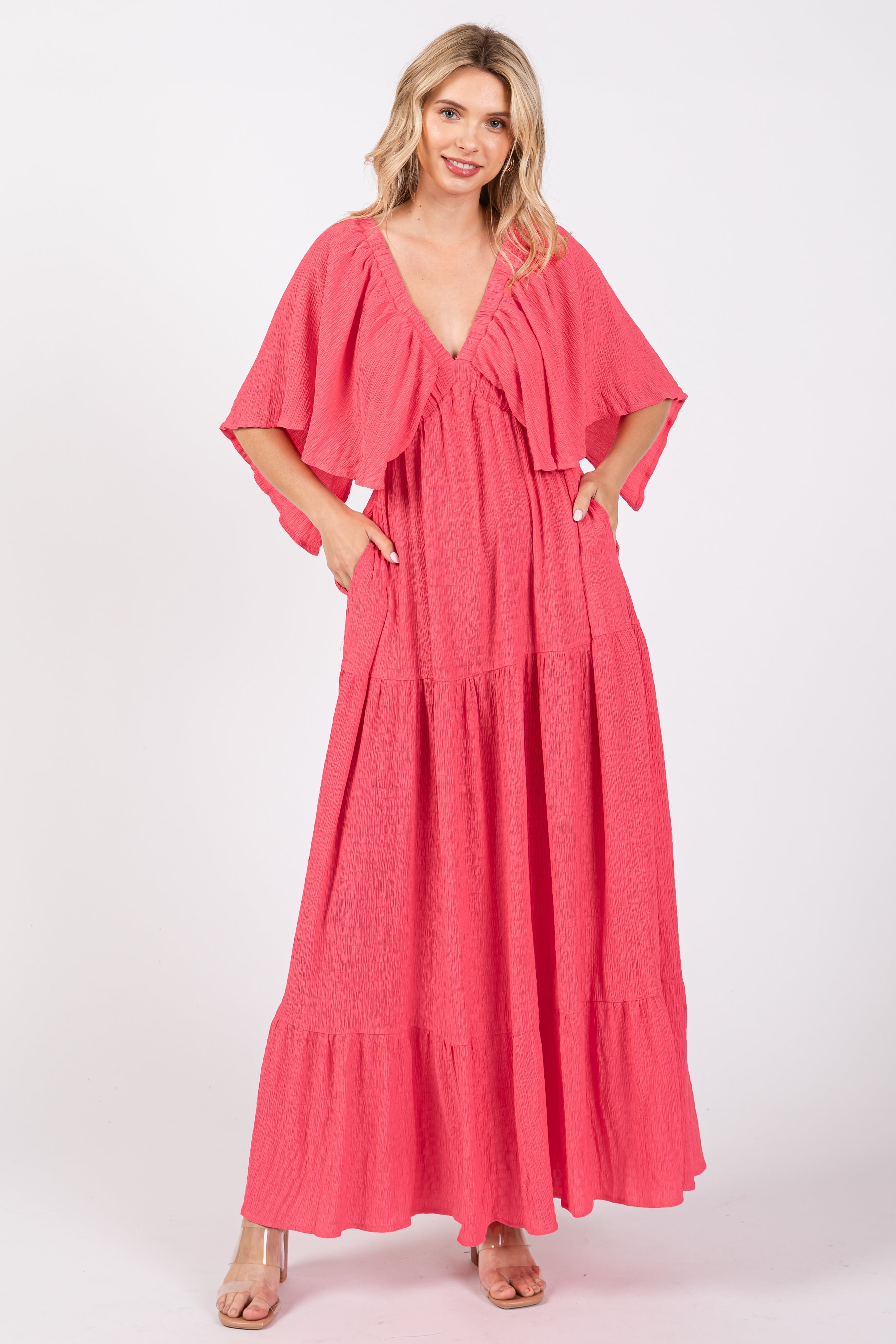 Coral Flounce Sleeve Tiered Dress
