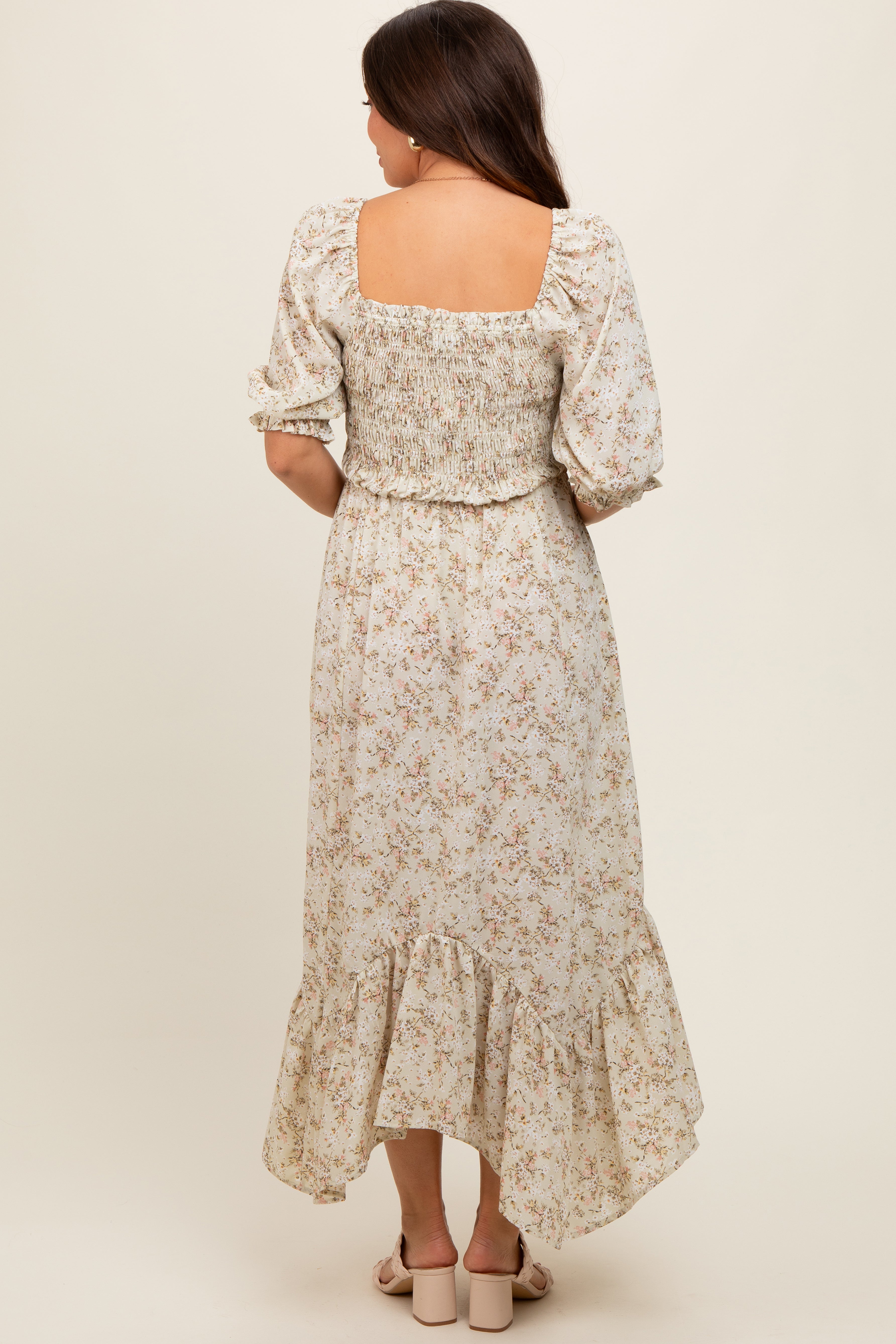 Light Olive Smocked Handkerchief Hem Maternity Dress