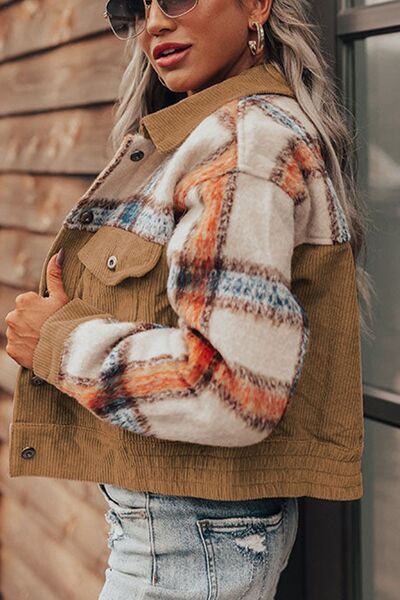 Plaid Corduroy Button Up Jacket with Flap Pockets