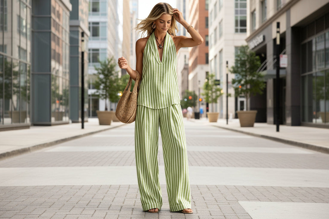 Women's Striped Sleeveless Halter Top and Wide Leg Pants Set - Image 2