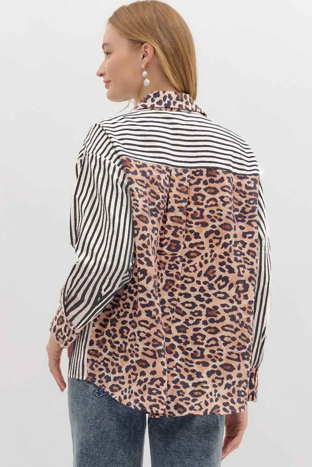 Black Striped Leopard Print Patchwork Button Up Womens Shirt