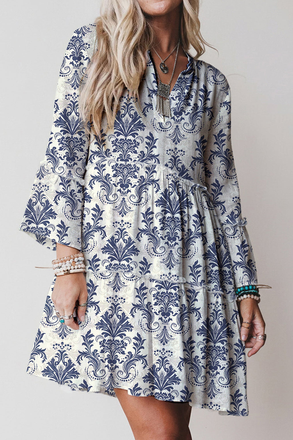 Sky Blue Boho Floral Mini Dress | Cotton 3/4 Sleeve