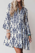 Sky Blue Boho Floral Mini Dress | Cotton 3/4 Sleeve