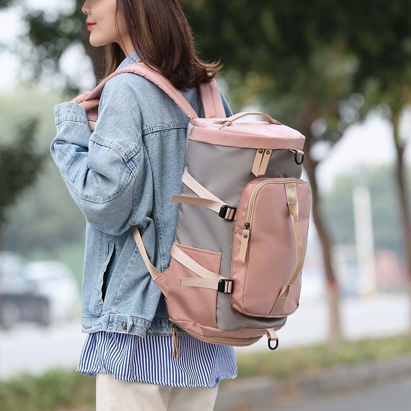 Women's Convertible Gym Duffel Backpack - Pink & Grey Travel Fitness Bag