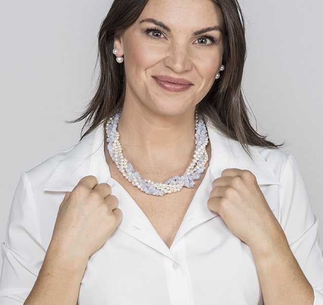 5 Strand Blue Agate and White Freshwater Pearl Statement Necklace - Image 3