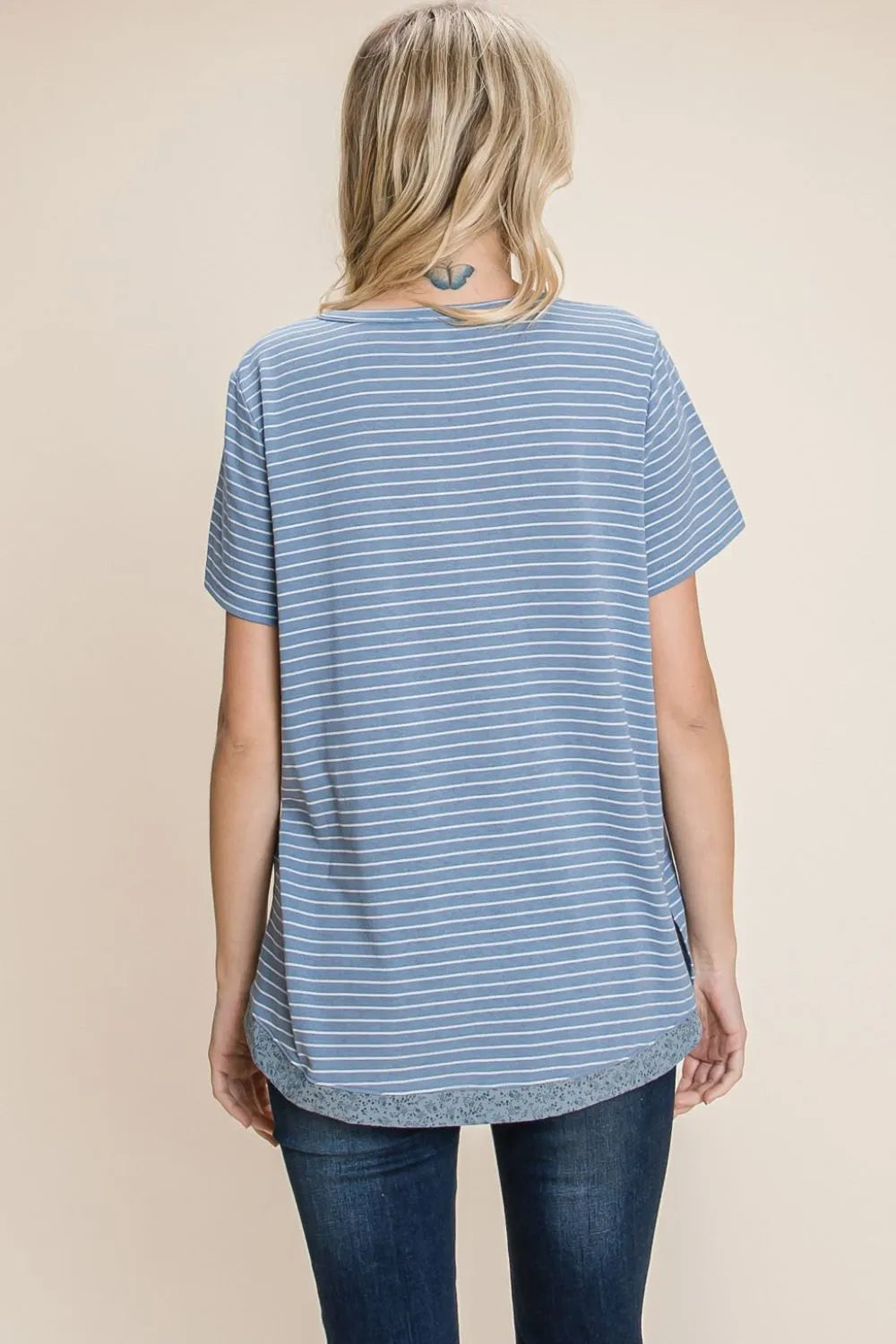 Cotton Bleu Slit Striped Notched Short Sleeve T-Shirt