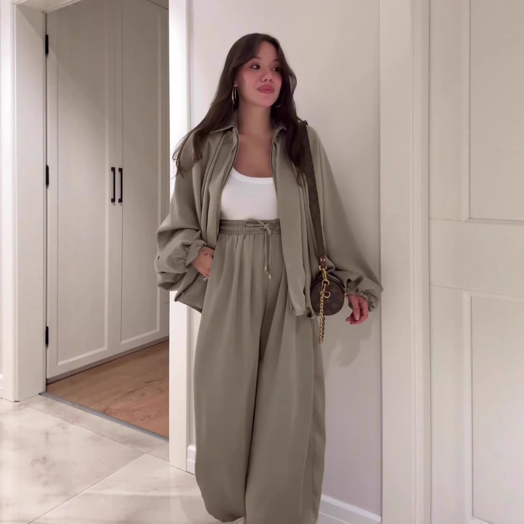 Flip Collar Long Sleeve Jacket & Pants Two-Piece Set