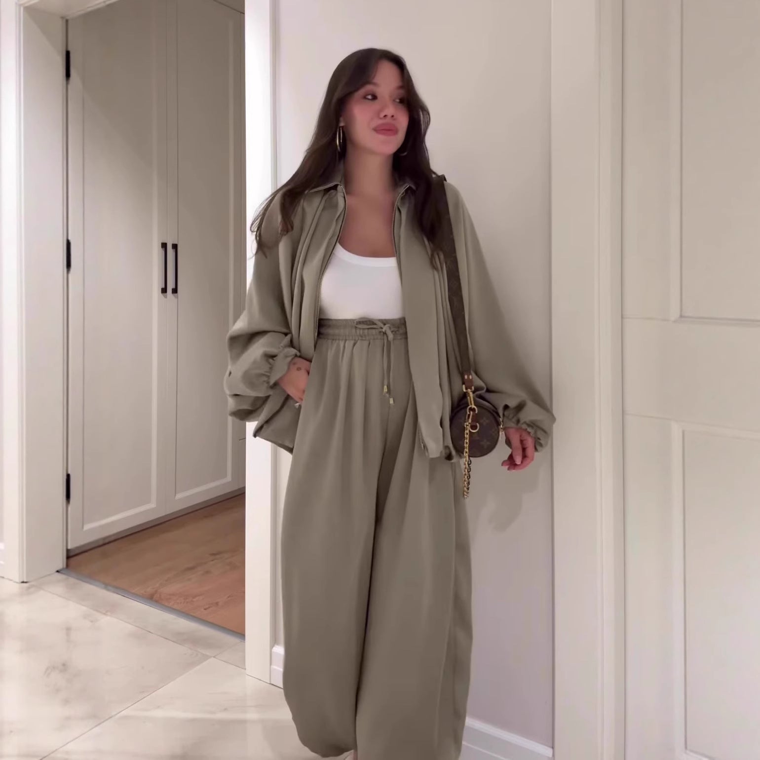Flip Collar Long Sleeve Jacket & Pants Two-Piece Set