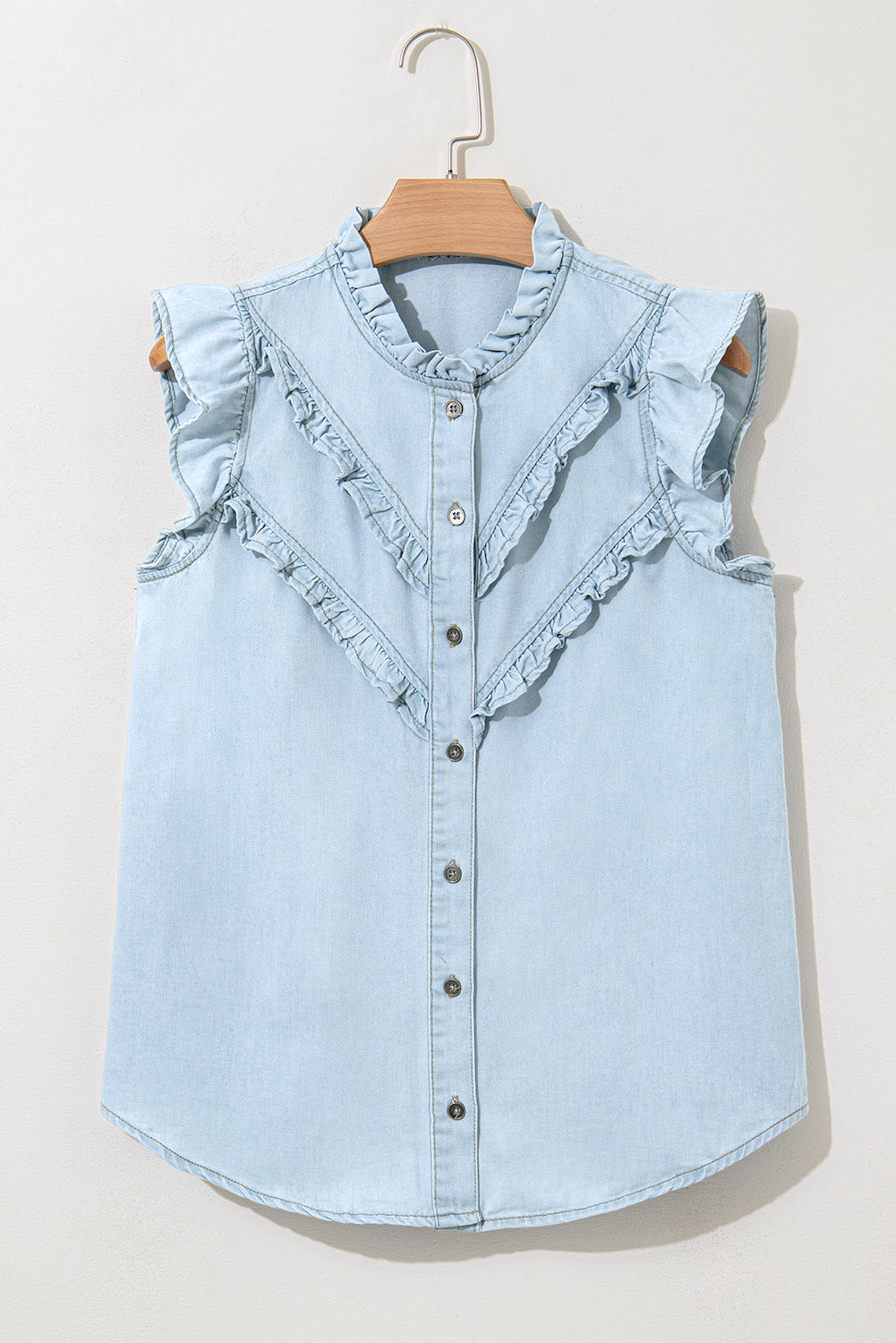 Sky Blue Mineral Wash Sleeveless Denim Shirt with Frill Details