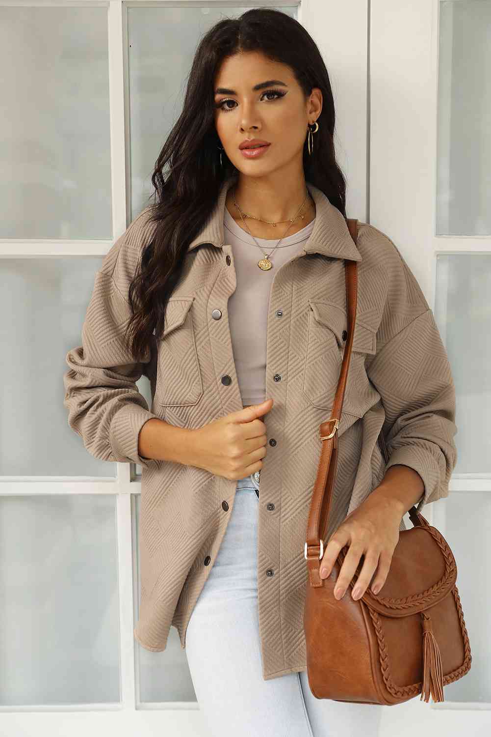 Cloudy Blue Snap-Front Collared Jacket with Pockets