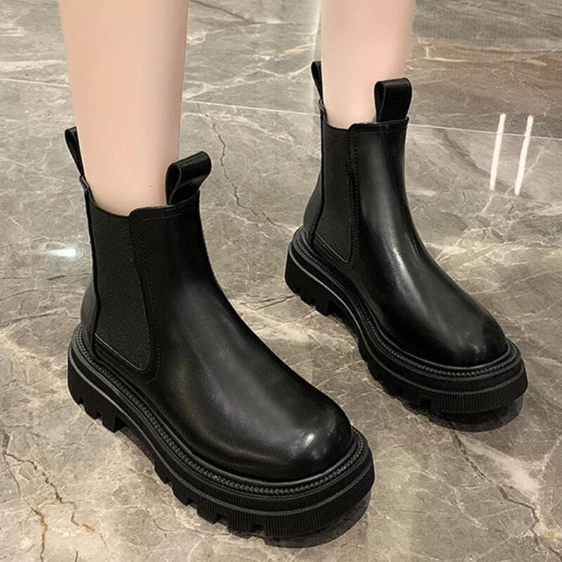 Chic Waterproof Cream Chelsea Boots with Chunky Platform Sole - Image 3