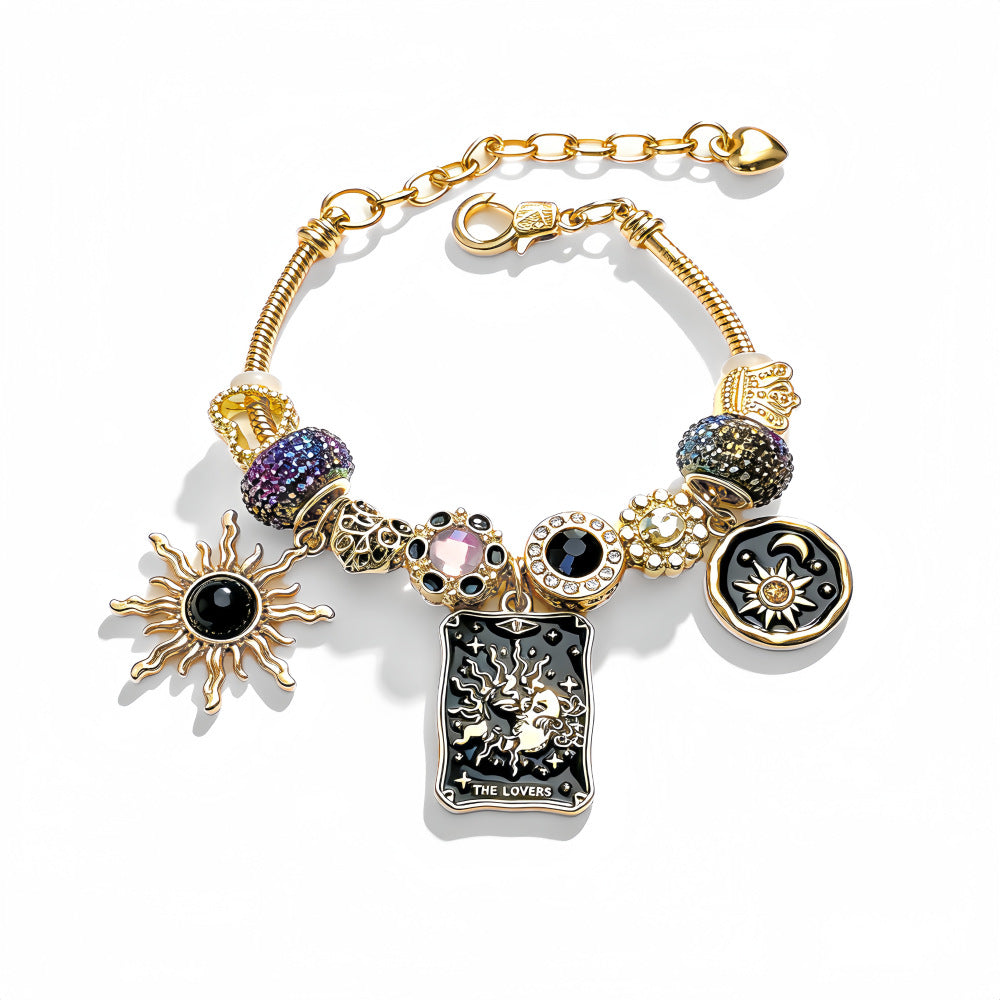 Retro Black-and-Gold Tarot Lovers Card Beaded Bracelet