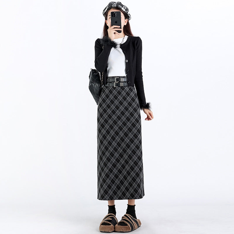 Women's High Waist Plaid A-Line Midi Skirt with Slit - Image 2