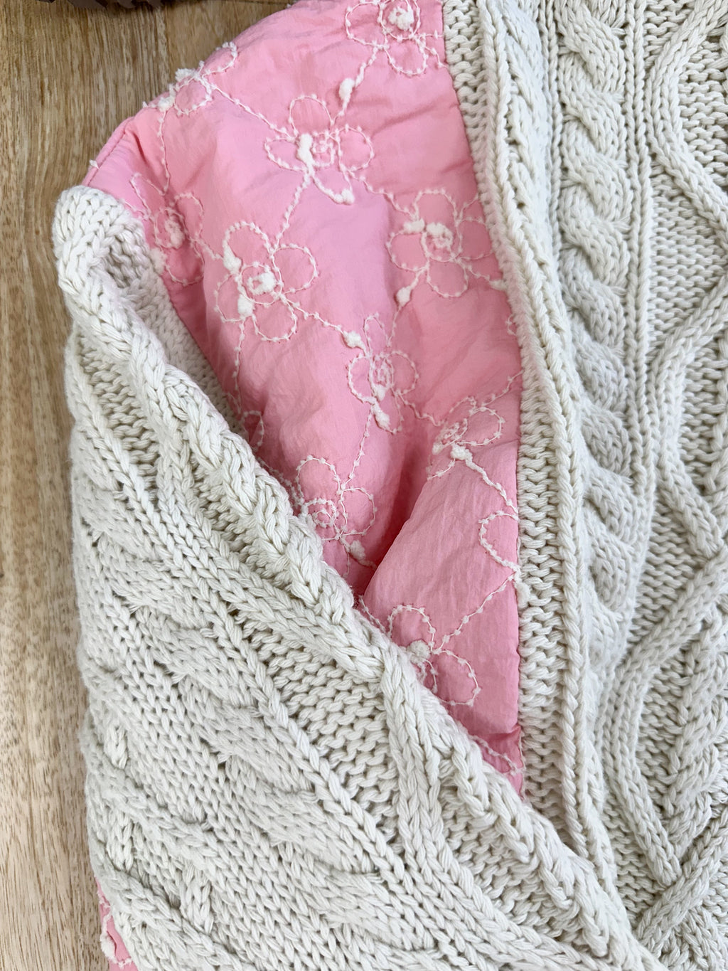 Pink Blossom Quilted Cotton Hoodie Sweater with Metal Buttons