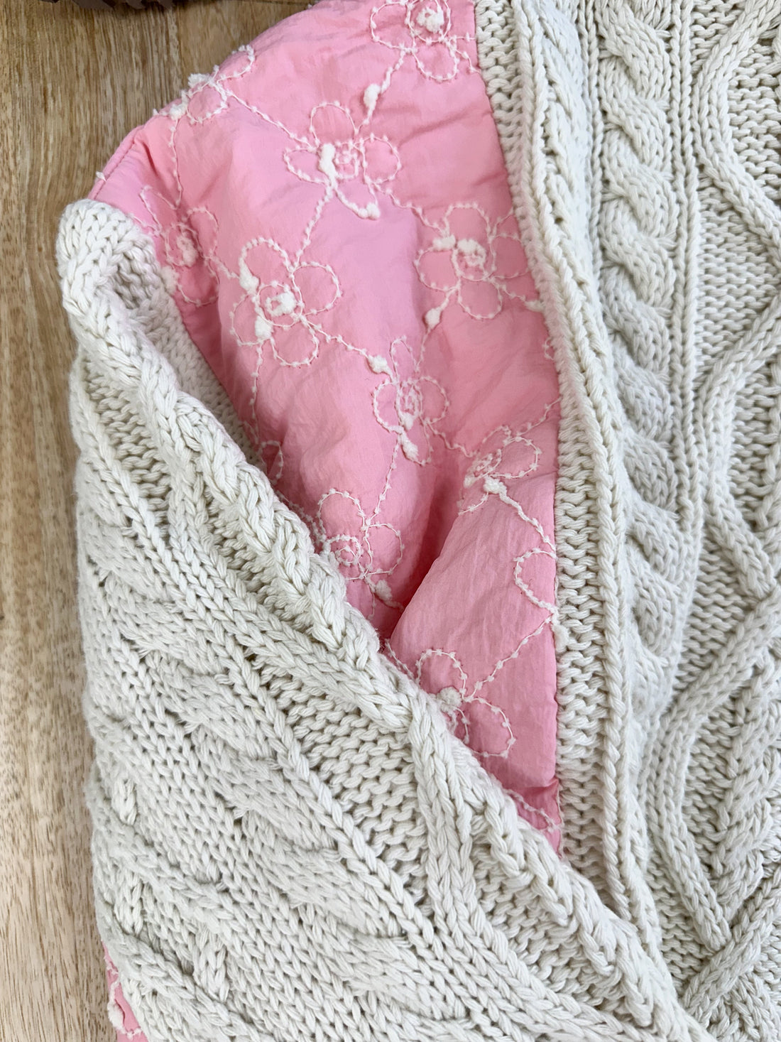 Pink Blossom Quilted Cotton Hoodie Sweater with Metal Buttons