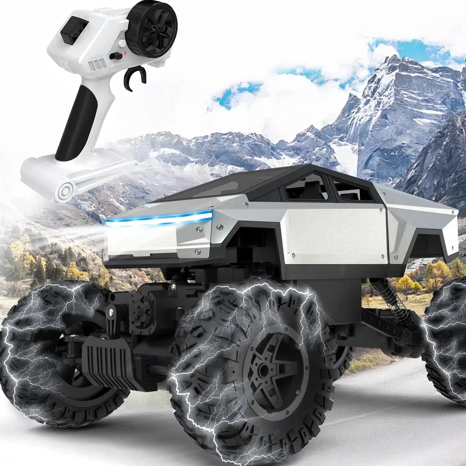NQD RC Truck 1:14 Scale Big Cyber Truck Model Remote Control Truck 4WD Off Road Toy Rock Crawler RC Car with Alloy Shell Dual Motors LED Headlight 2.4GHz All Terrain Toy Car for Boy Kids Adults