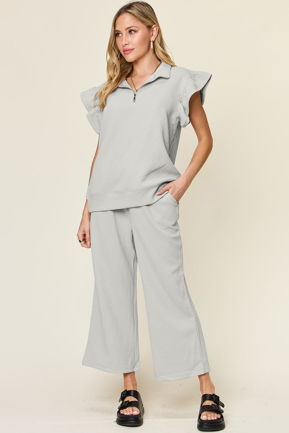 Textured Ruffle Top & Drawstring Wide Leg Pants Set