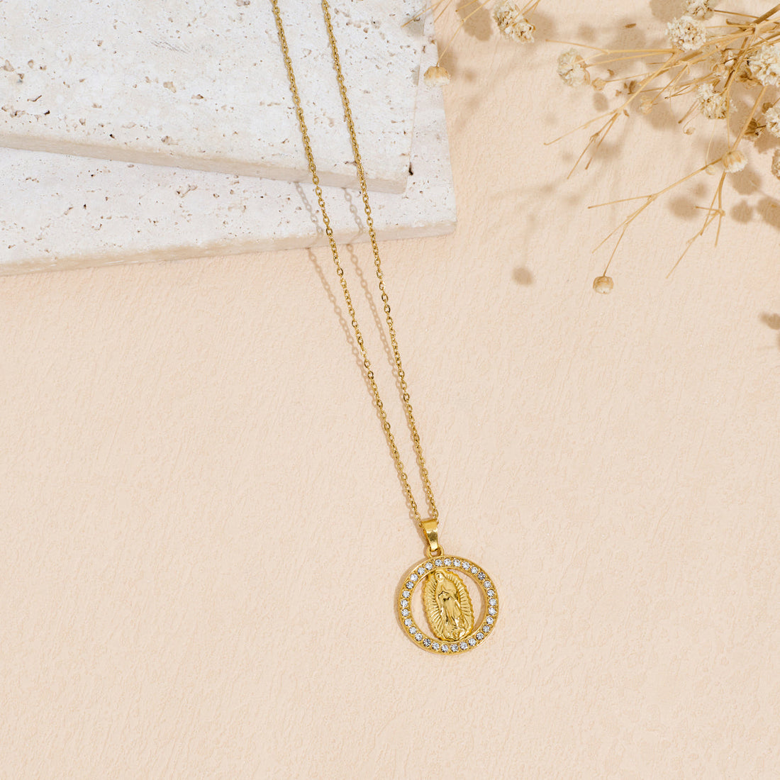 Virgin Mary Pendant Necklace with Rhinestone Inlay in Stainless Steel