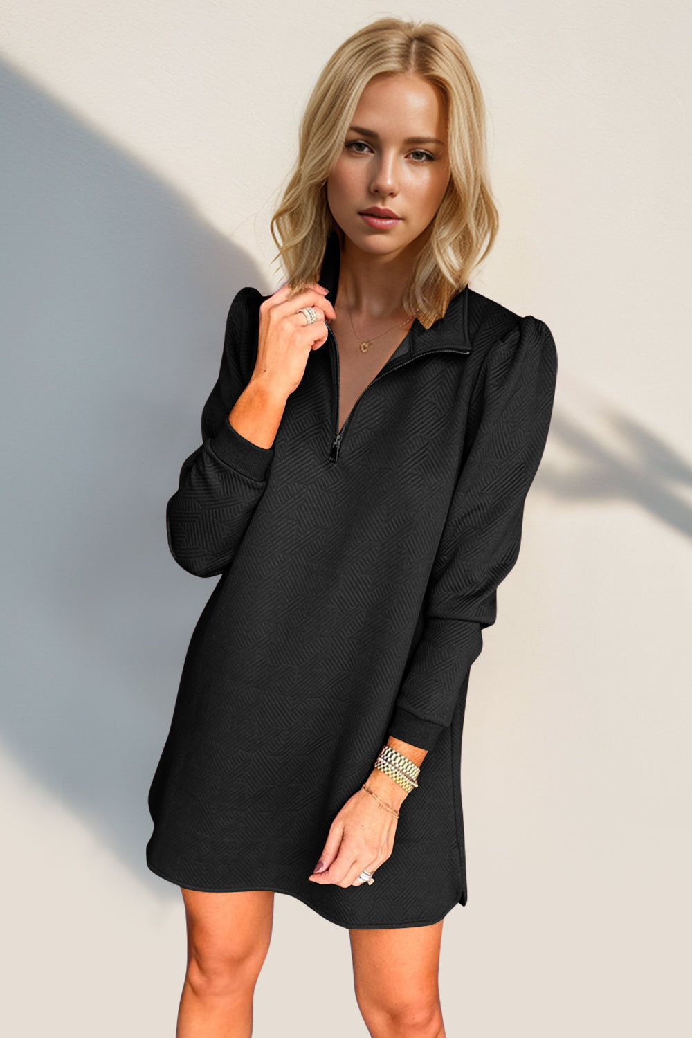 Textured Zip-Front Long Sleeve Dress - Elegant Women's Apparel