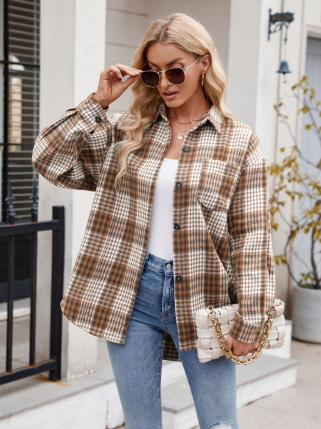 Women's Plaid Button-Down Shirt Oversized Casual Long Sleeve Top - Image 11