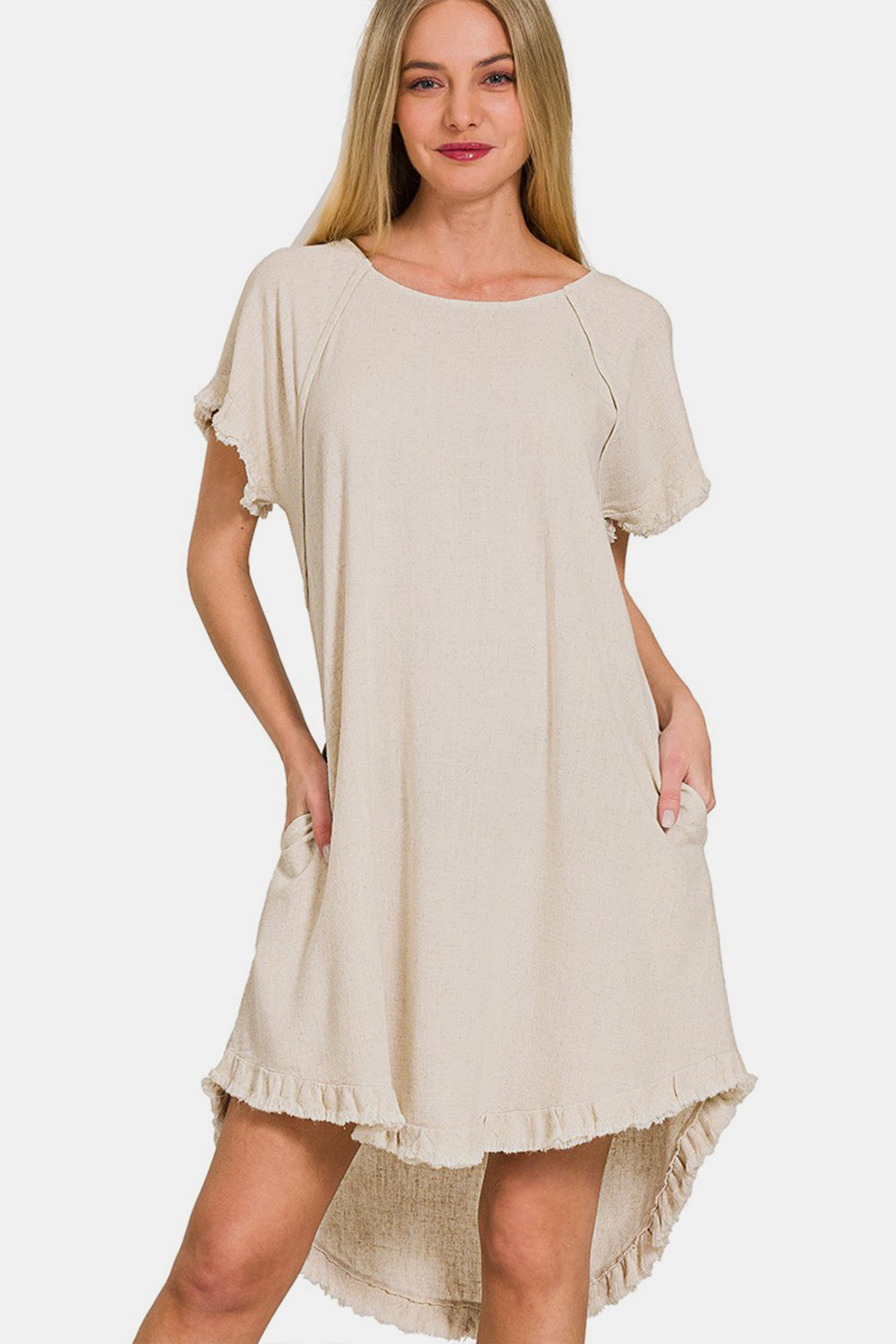 Bohemian high low flowy dress with fringe edge and side pockets