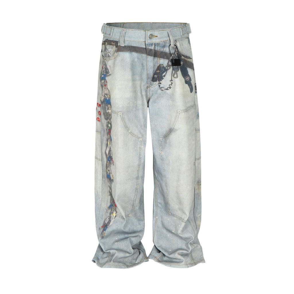 Wideboy Padlock Denim jeans in light wash with all-over chain and padlock graphic print, relaxed fit