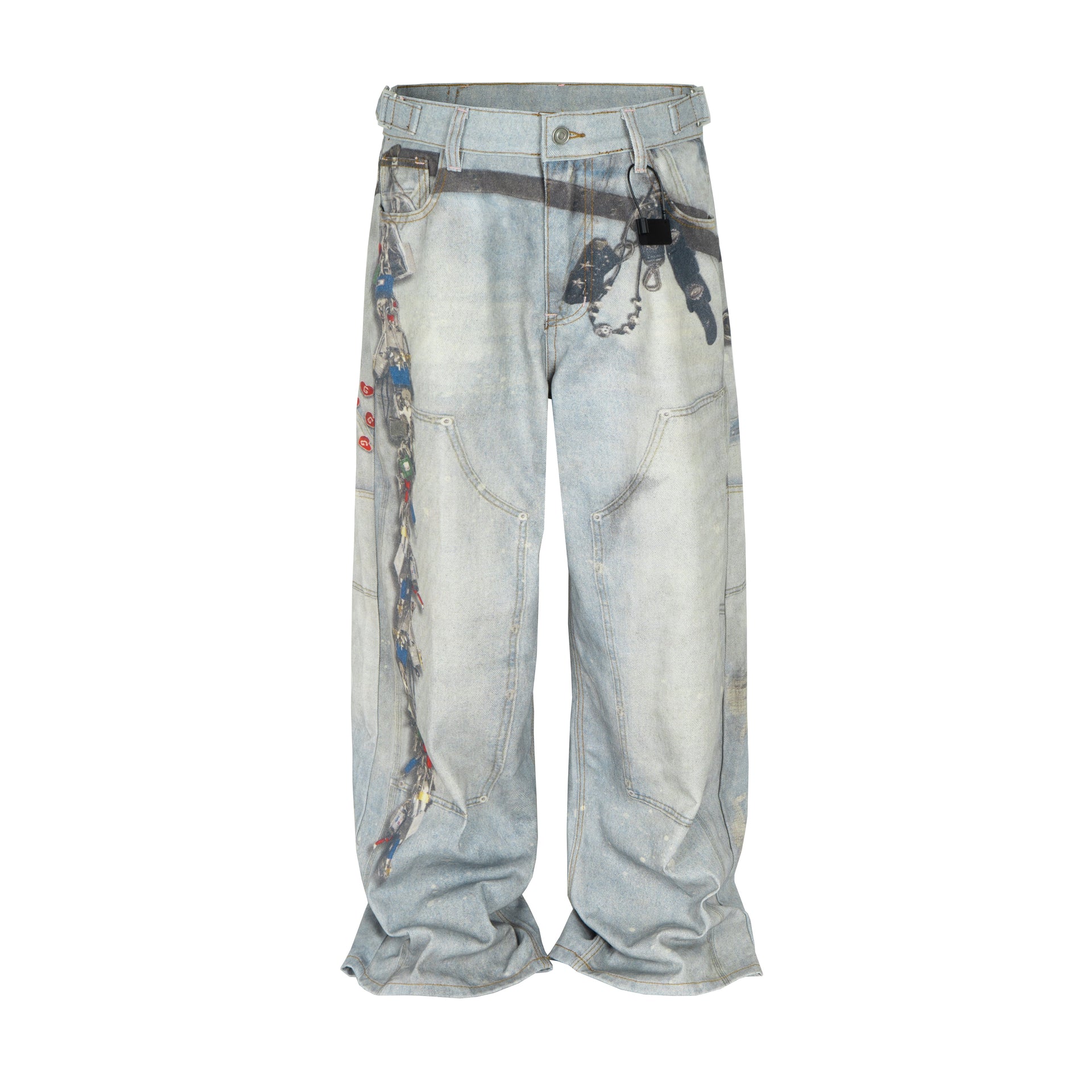 Wideboy Padlock Denim jeans in light wash with all-over chain and padlock graphic print, relaxed fit