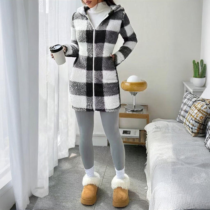 Women's Black and White Plaid Hooded Sherpa-Lined Long Coat - Image 2