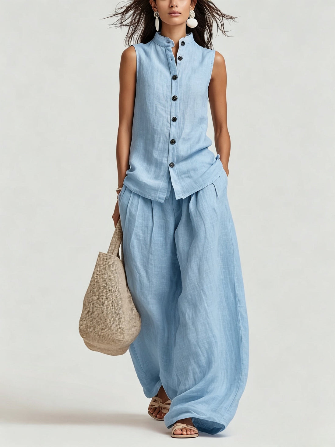 Women's Cotton-Linen Sleeveless Button-Down Vest and Wide Leg Set - Image 10