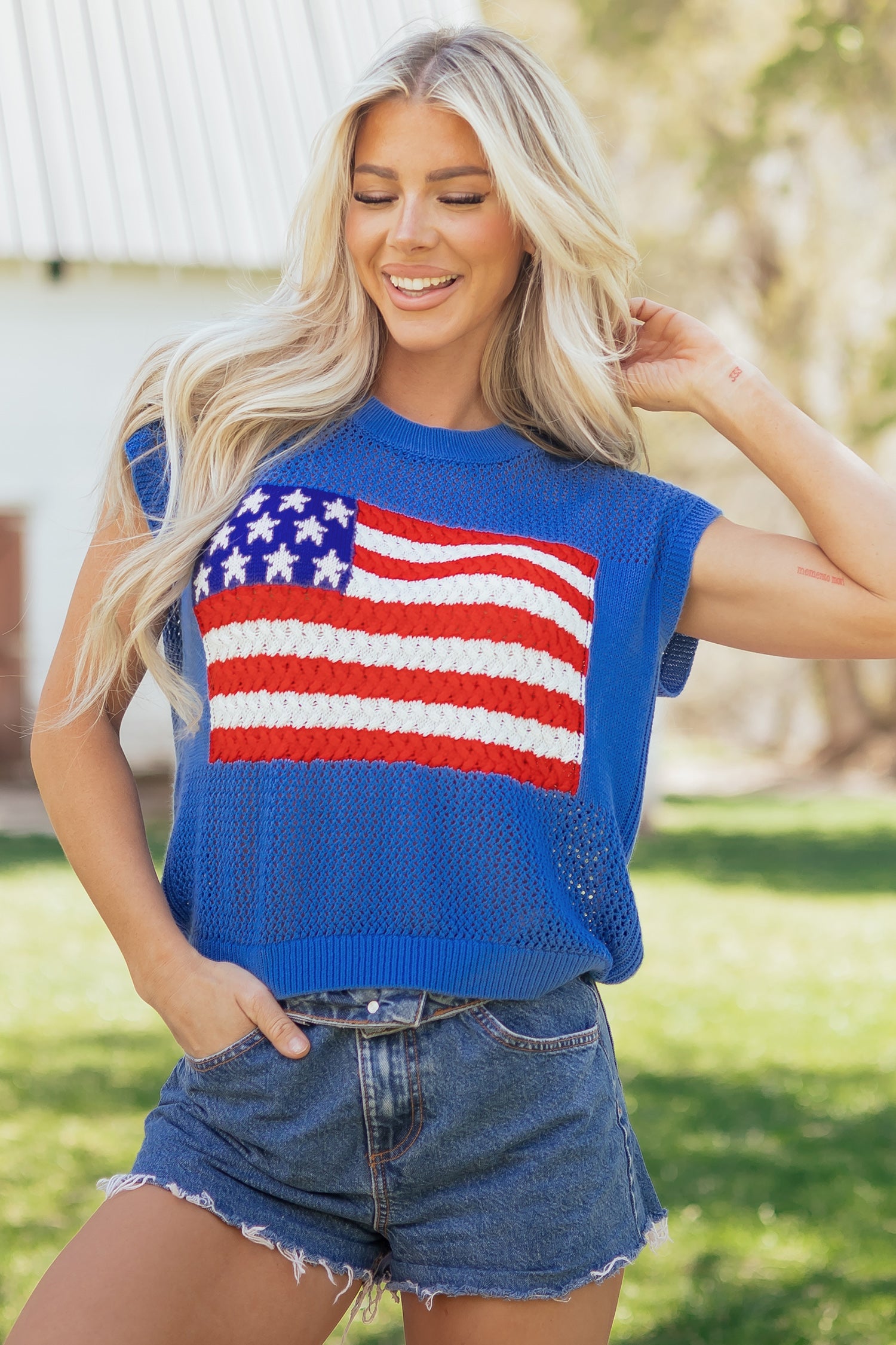 USA Flag Crochet Short Sleeve Sweater Top