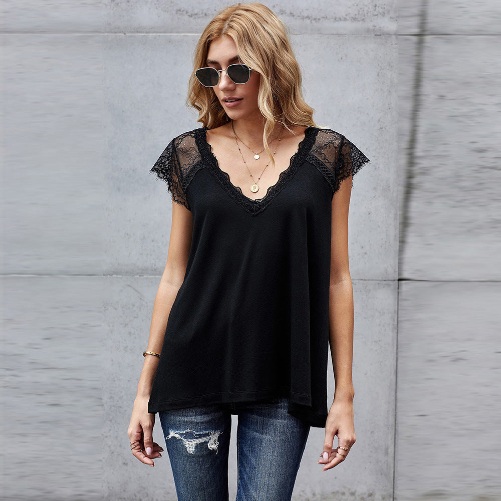 Women's Lace Knit Vest Top  European Style V-Neck T-Shirt