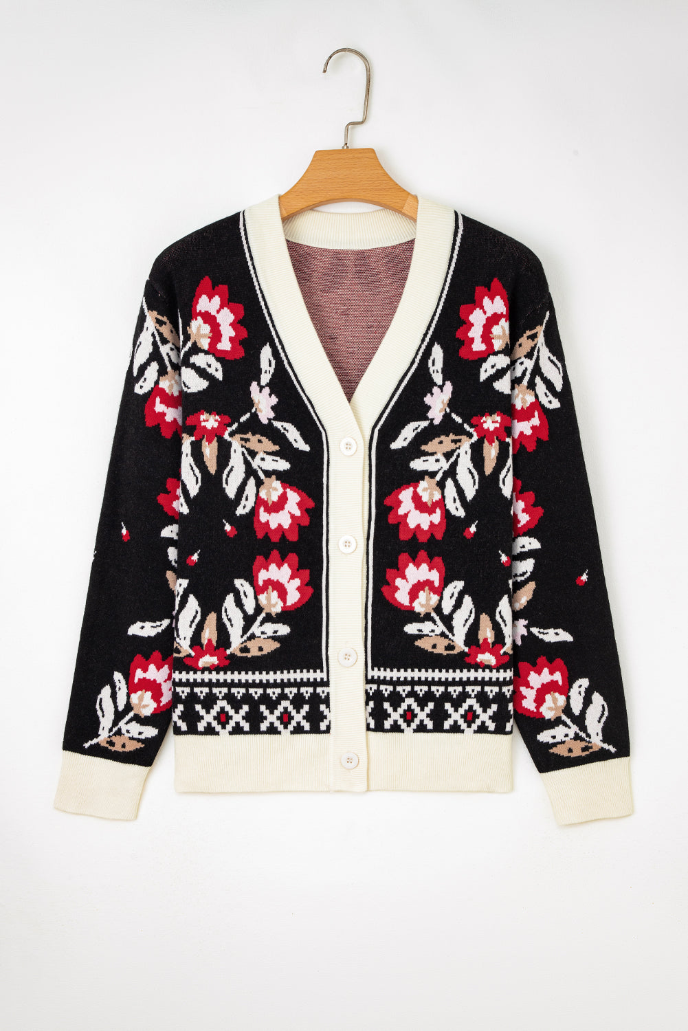 Floral Knit Button-Front V-Neck Cardigan